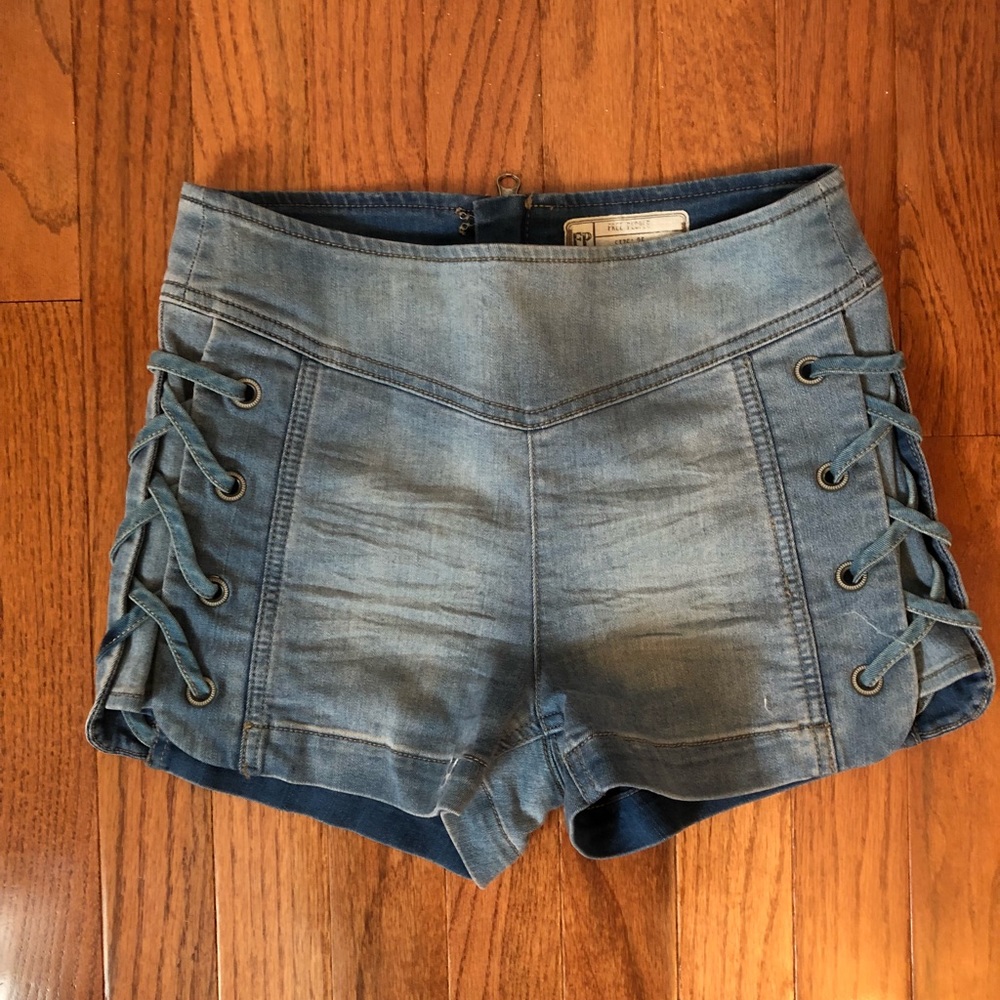 Free People Medium Wash Lace Side Shorts